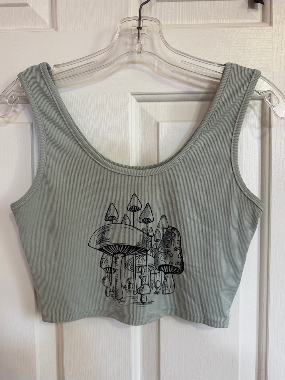 Ribbed Sage Green Mushroom Graphic Crop Tank Top